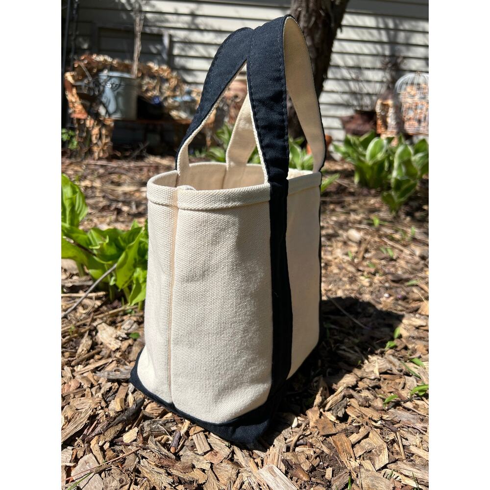 Lands End Small Canvas Tote Bag Cream Navy Double Handle Purse Lunch Boat Swim - Picture 3 of 9